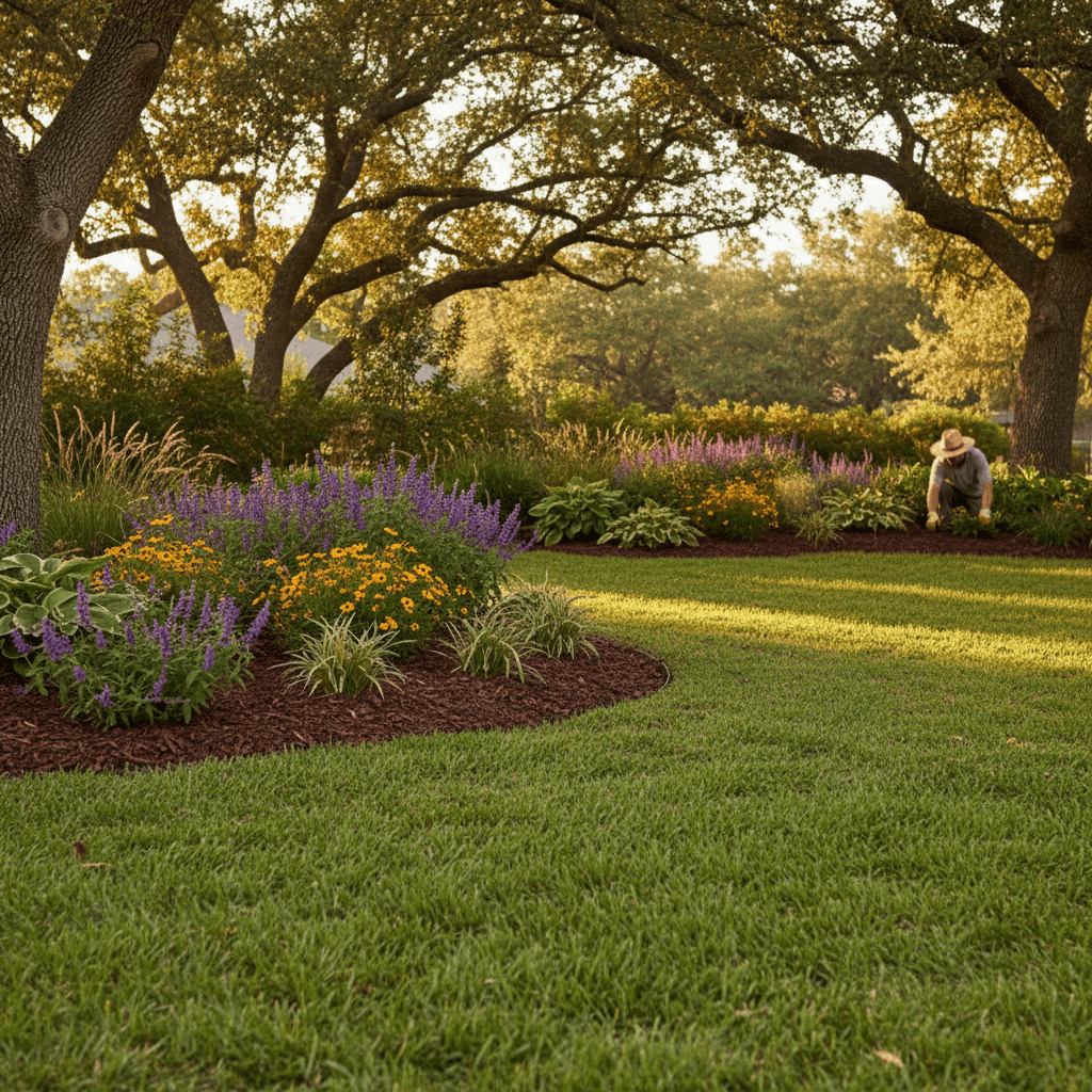 A residential landscape with seasonal plantings and fresh mulch