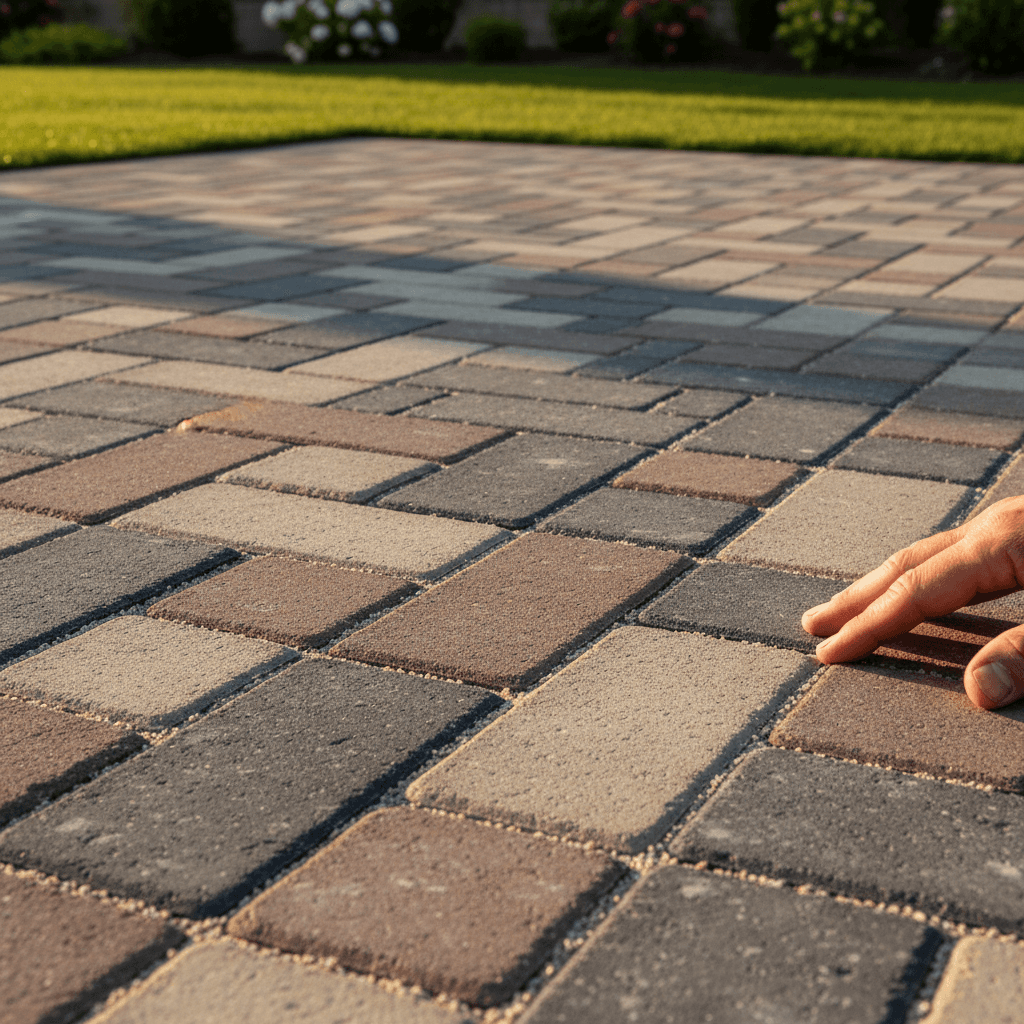 Close-up of professionally installed paver patio with landscaper demonstrating quality craftsmanship