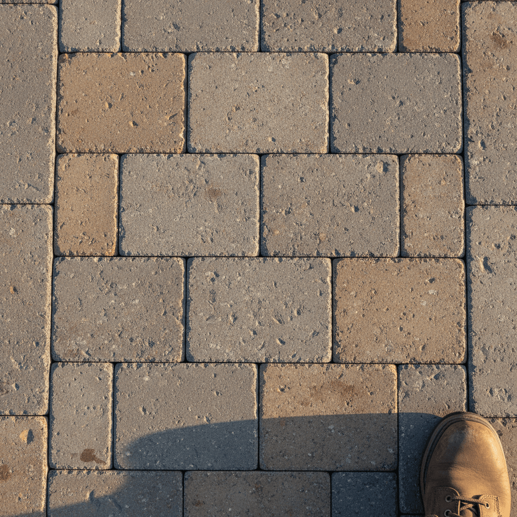 Skilled landscaper setting interlocking pavers into sand base