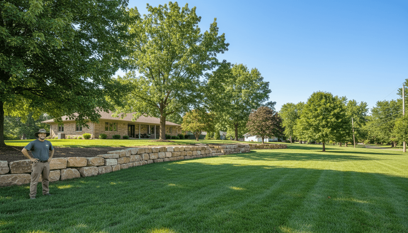 Residential property landscape showing completed lawn maintenance, retaining wall, and mature trees