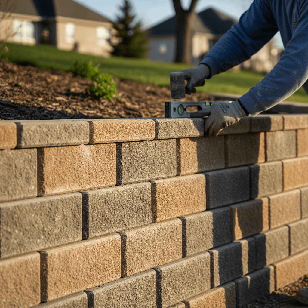Construction worker's hands carefully adjusting segmental retaining wall blocks, showing precision masonry alignment and professional installation technique