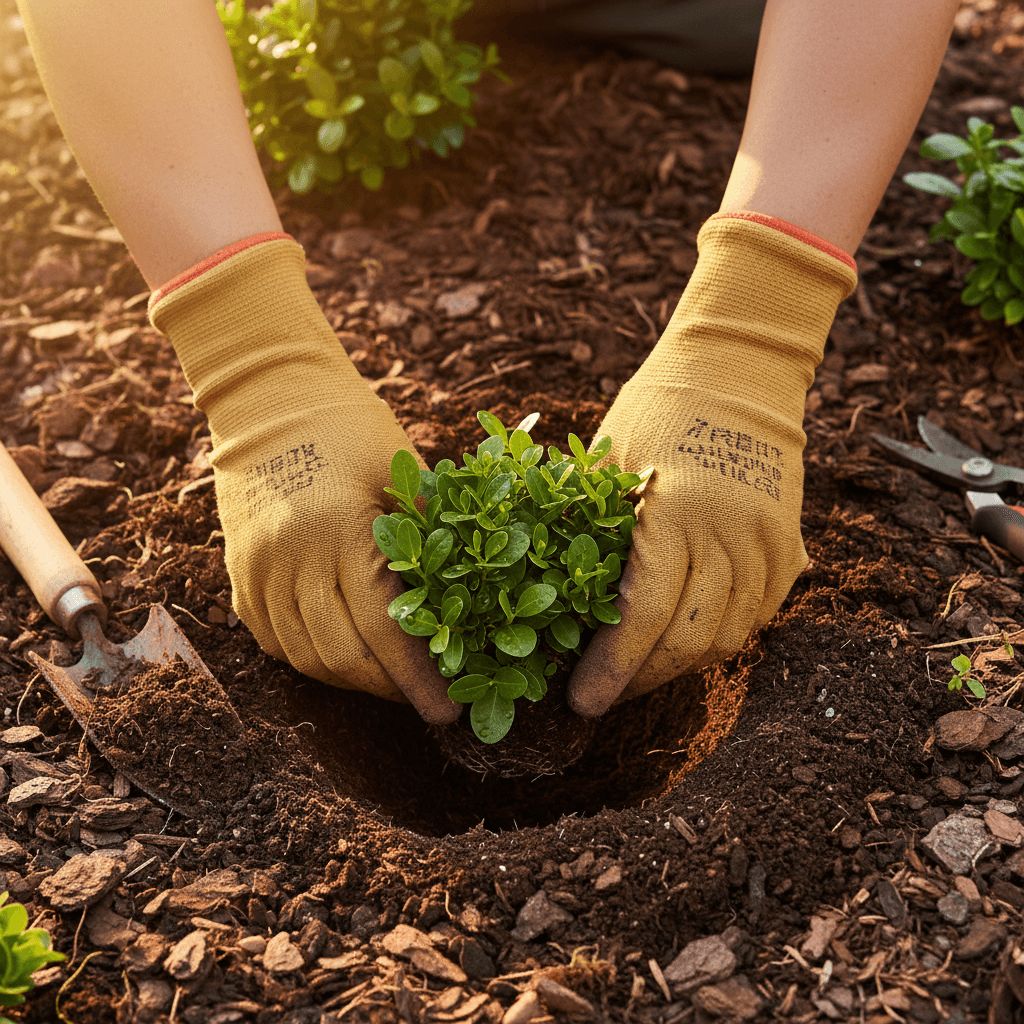 Professional landscape installation with diverse plant selections and mulching