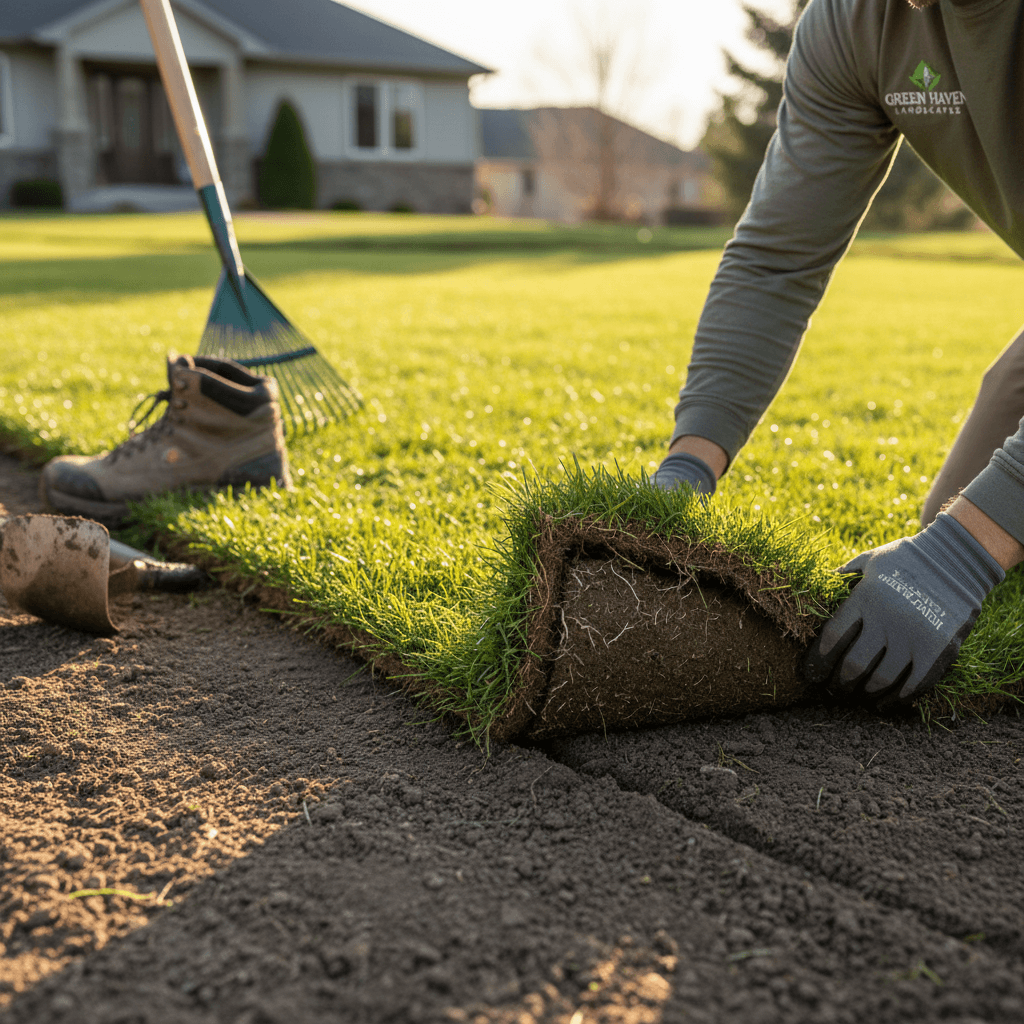 Landscaper examining fresh sod installation