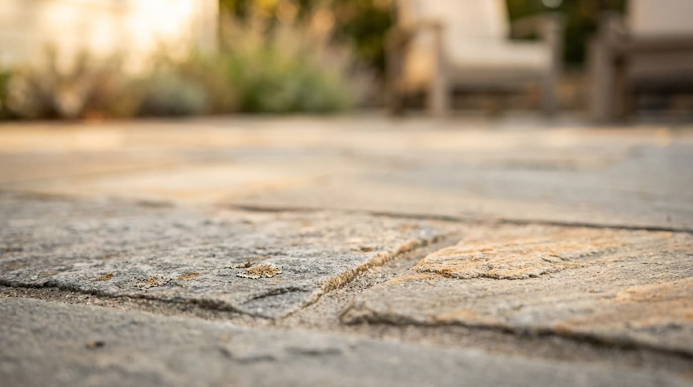 Finished paver patio with homeowner viewing the completed project