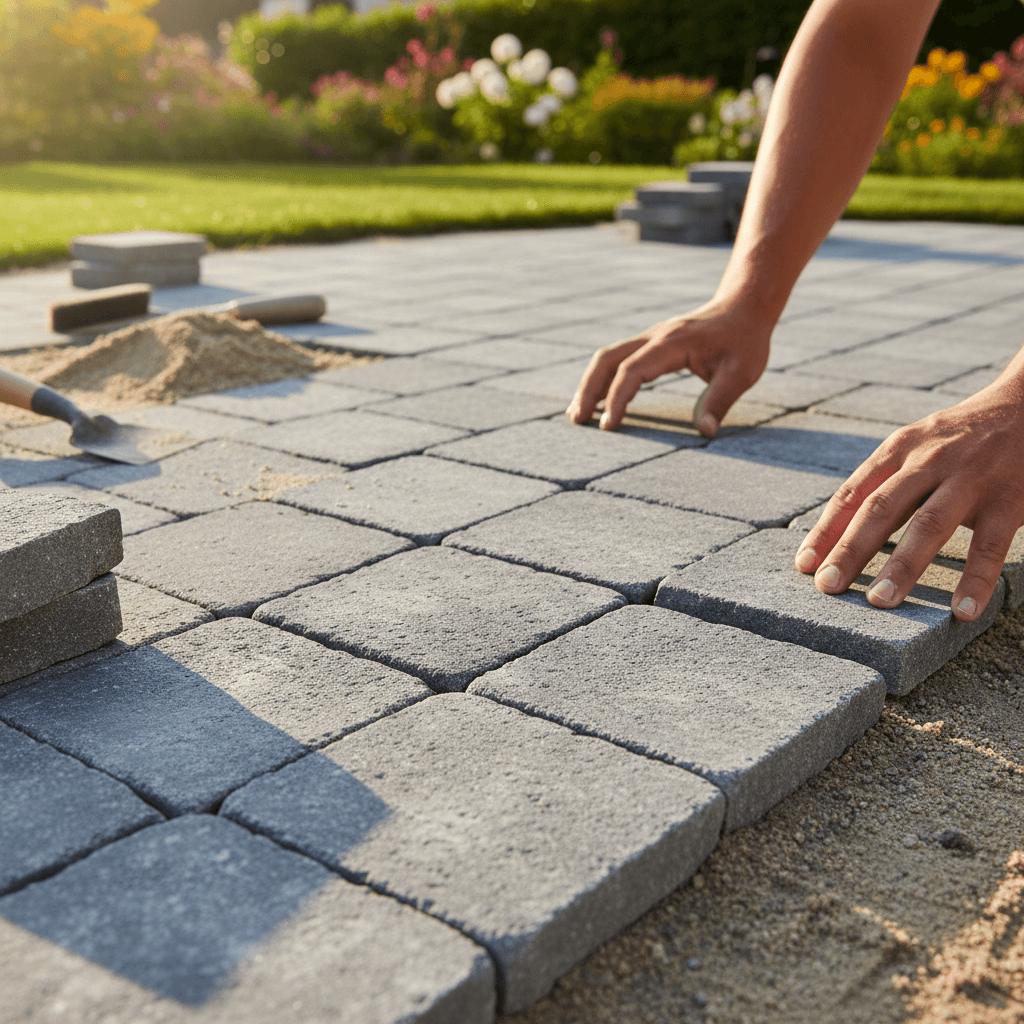 Closeup of professionally installed paver patio showing herringbone pattern and stonework detail