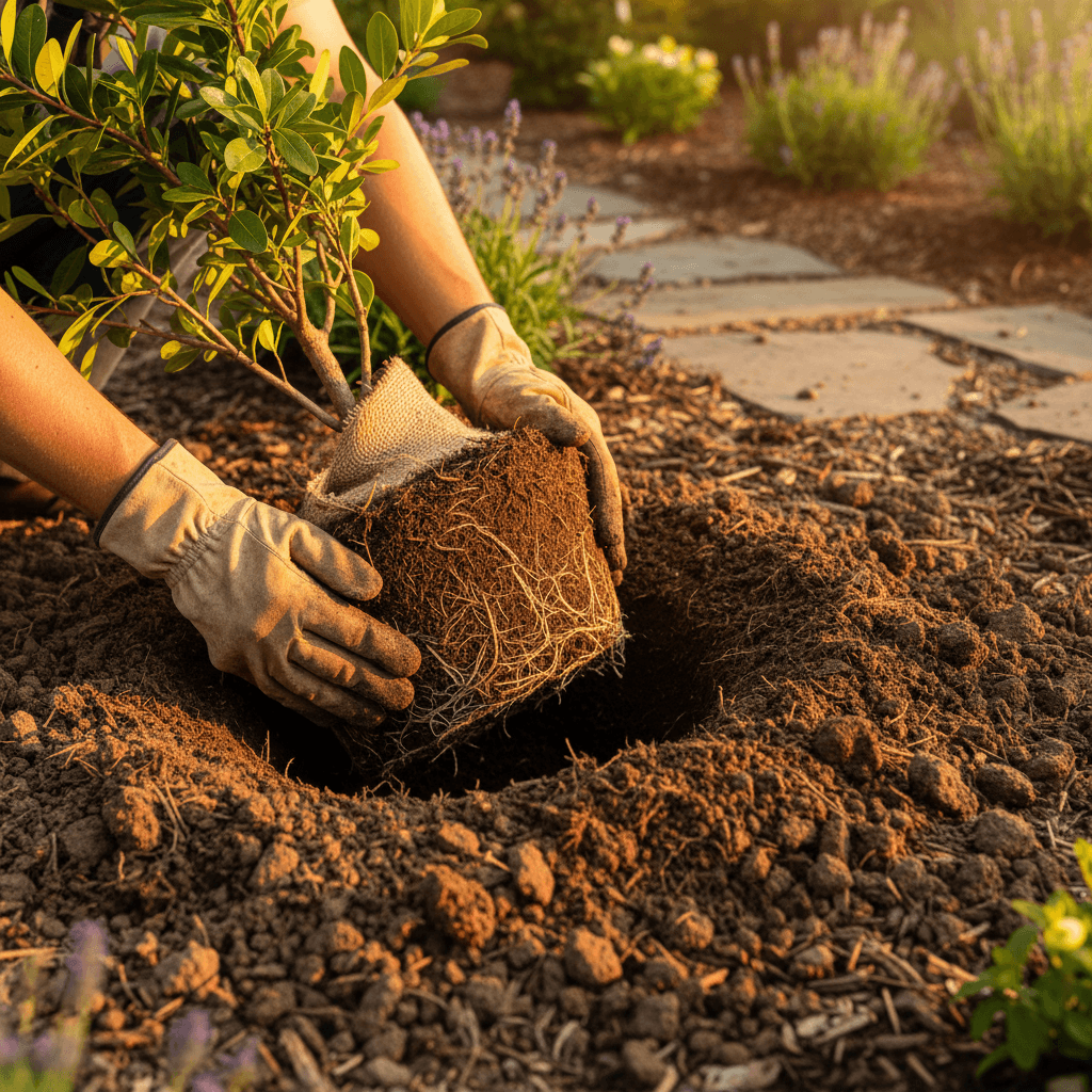 Landscape installation detail showing proper planting technique and soil preparation