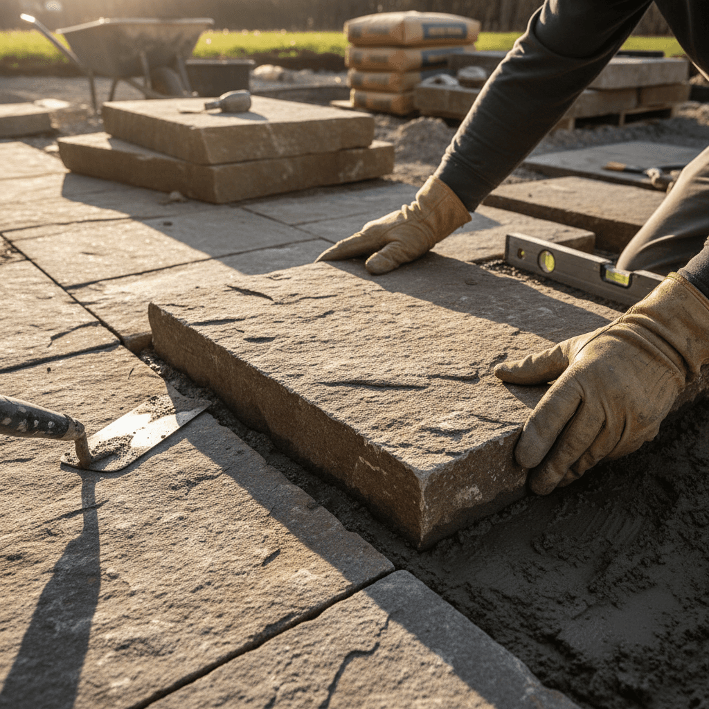 Paver installation in progress showing pattern layout and precision work